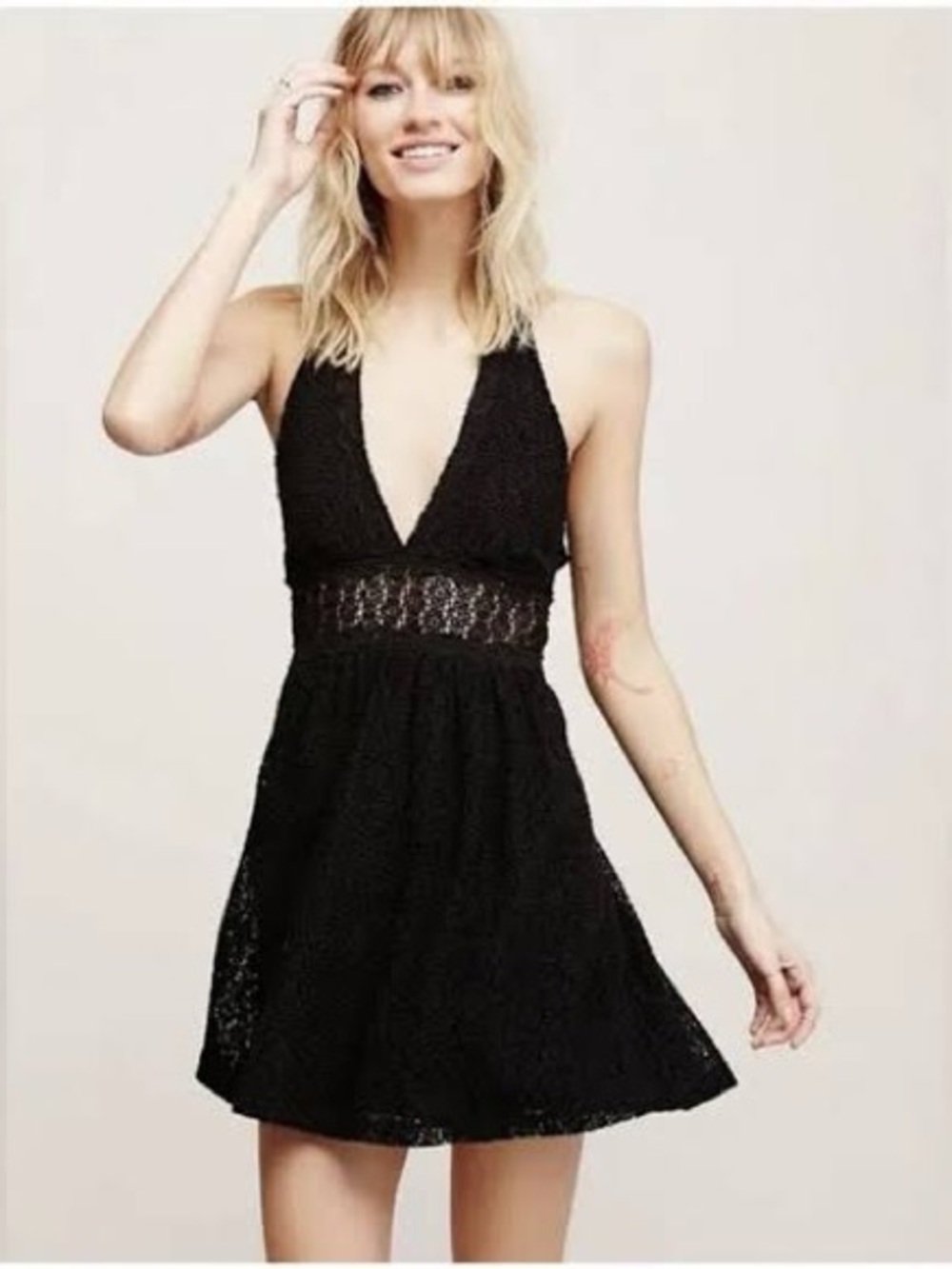 Free People So Sweetly Black Backless Halter Lace Mini Dress - Picture 2 of 5